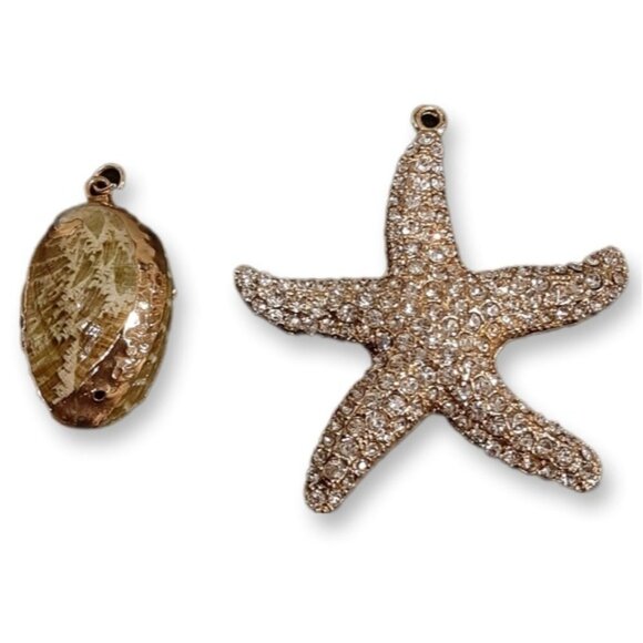 SET Of 2 Necklace Pendants Gold Dipped Genuine Abalone Shell Rhinestone Starfish - Picture 1 of 13